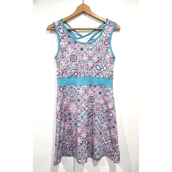 Reel Legends‎ Keyhole Back Blue Geometric Print Sleeveless Stretchy Dress Sz S - Picture 1 of 5